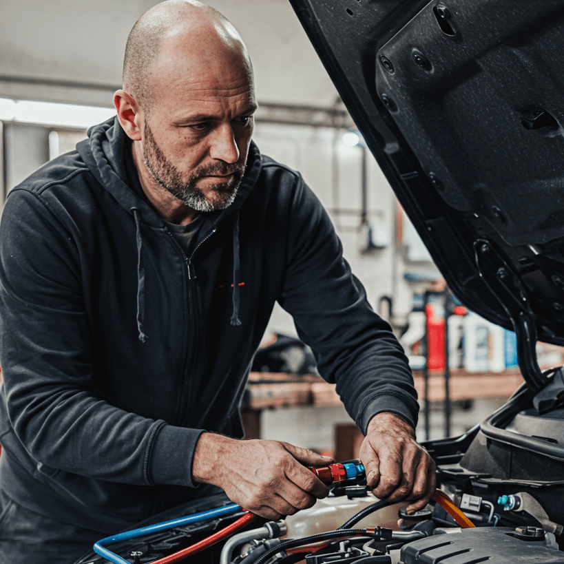 Automechanik provádí servis klimatizace pod otevřenou kapotou vozidla v autoservisu.